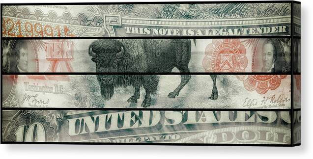 Travelpixpro Canvas Print featuring the digital art Lewis and Clark 1901 American Bison Ten Dollar Bill Currency Polyptych Artwork by Shawn O'Brien