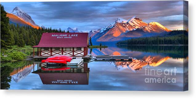 Maligne Lake Canvas Print featuring the photograph Maligne Lake Sunset Spectacular by Adam Jewell