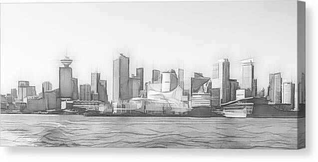 Canada Canvas Print featuring the digital art Vancouver Cruise Ship Port and Financial District Digital Sketch by Rick Deacon