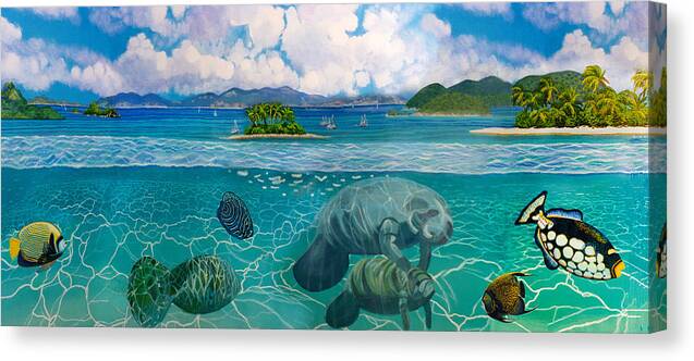 South Pacific Canvas Print featuring the painting South Pacific Paradise with Manateestees by Bonnie Siracusa