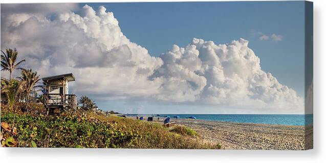 Clouds Canvas Print featuring the photograph Watching the Clouds in a Blue Sky Panorama by Debra and Dave Vanderlaan