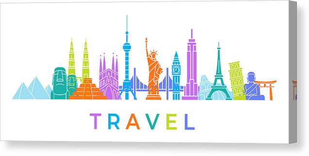 Chinese Culture Canvas Print featuring the drawing World Skyline - Famous Buildings and Monuments.. Travel Landmark Background. Color Vector Illustration by Pop_jop