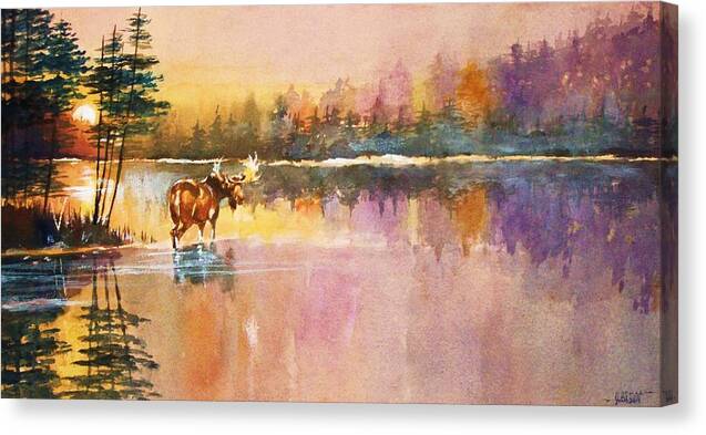 Moose Canvas Print featuring the painting Vigil in the Shallows at Sunrise by Al Brown