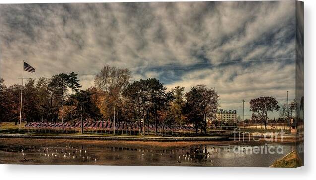 Hdr Canvas Print featuring the photograph Flags in Deering Oaks Park by David Bishop