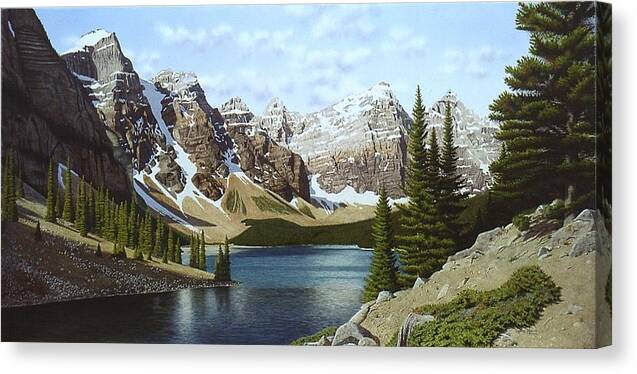 Canadian Rocky Mountains Canvas Print featuring the painting Moraine Lake by Conrad Mieschke