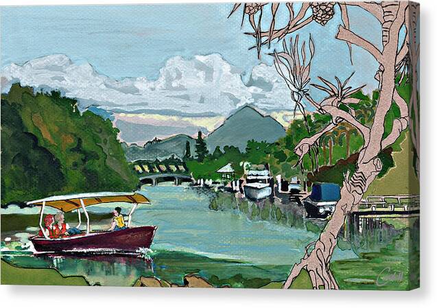 Noosa Sunshine Coast Subtropical T-boats Mt Cooroy  Australia Boating Pandanus Witta Circle Canvas Print featuring the painting On Noosa Sound by Joan Cordell
