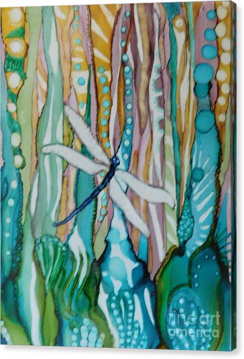Magical Garden Setting With Vibrant Dragon Fly In A Field Of Green Canvas Print featuring the painting Solo Dragon Fly by Joan Clear