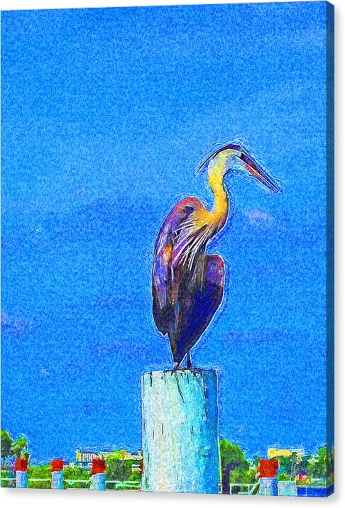 Great Blue Heron Canvas Print featuring the digital art Great Blue Heron on Pier Right by Island Hoppers Art