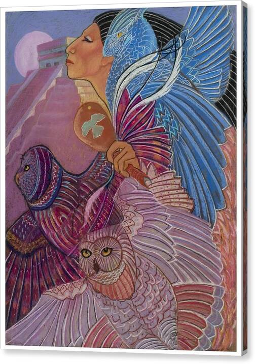 Mayan Woman With Her Owl Totoms At The Temple At Chichen Itza Central America Prymid Moon Shamaness Pastel Painting Fantasy Canvas Print featuring the pastel Owl Woman At Chichen Itza by Pamela Mccabe