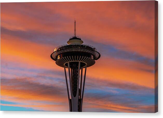 _emeraldcity Canvas Print featuring the tapestry - textile Space Needle Sunset #3 by Tommy Farnsworth