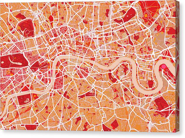 London Canvas Print featuring the digital art London Map Art Red by Michael Tompsett