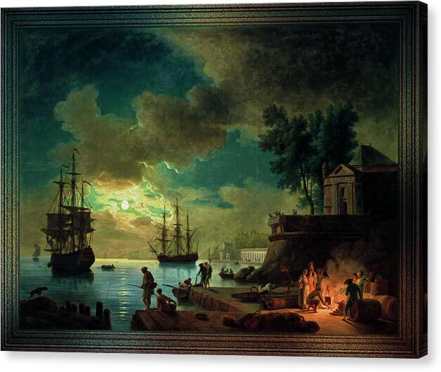 Seaport By Moonlight Canvas Print featuring the painting Seaport by Moonlight by Claude Joseph Vernet by Rolando Burbon