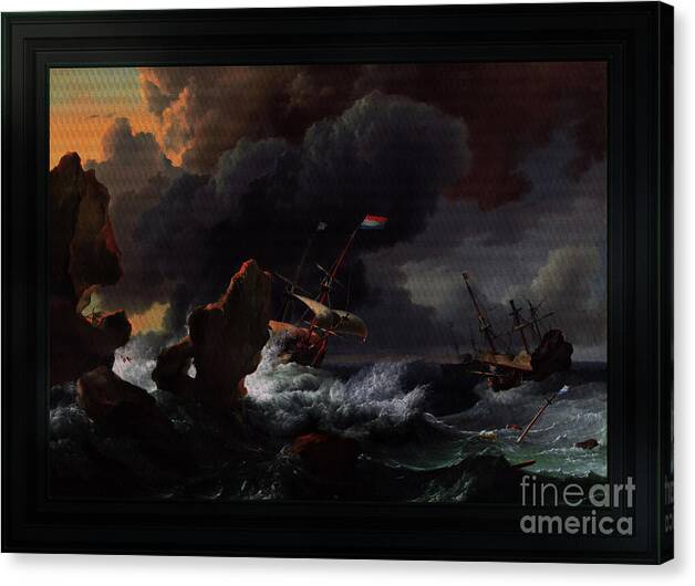 Ships In Distress Off A Rocky Coast Canvas Print featuring the painting Ships In Distress Off A Rocky Coast by Ludolf Bakhuizen Classical Art Reproduction by Rolando Burbon