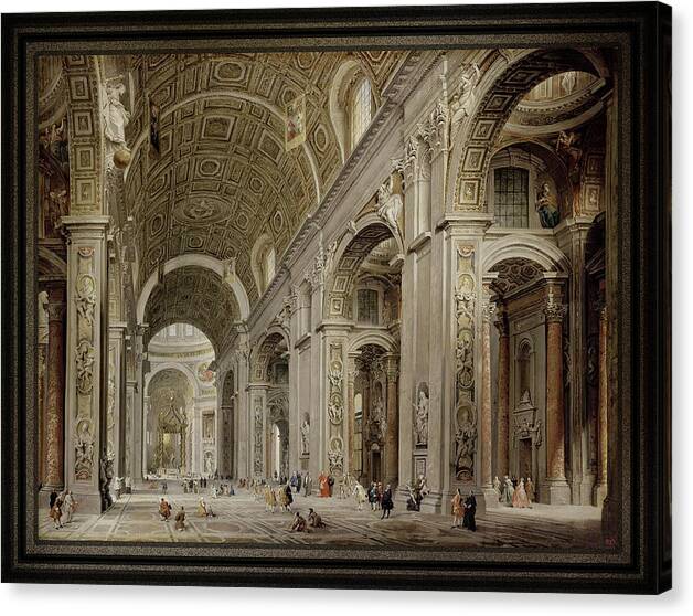 Interior Of St Peter's Basilica In Rome Canvas Print featuring the painting Interior of St Peter's Basilica in Rome c1750 by Giovanni Paolo Pannini by Rolando Burbon