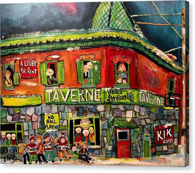 Lachine Taverne Canvas Print featuring the painting Taverne Lachine 18th Avenue and Piche 1965 by Michael Litvack