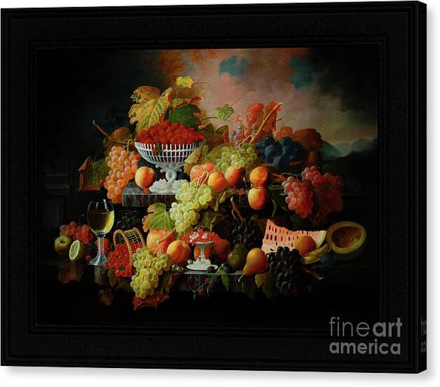 Abundance Of Fruit Canvas Print featuring the painting Abundance of Fruit by Severin Roesen Old Masters Classical Fine Art Reproduction by Rolando Burbon