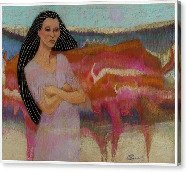 Mayan Woman Tends Cattle In Village Of Tulum Central America Colorful Steer Pastel Painting On Sandpaper Fantasy Canvas Print featuring the pastel Mayan Tending Her Cattle In Tulum by Pamela Mccabe