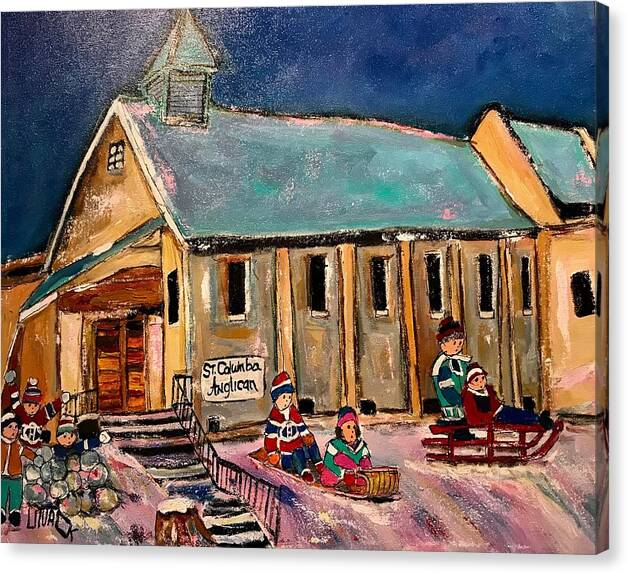 St. Columbo Church Canvas Print featuring the painting St. Columba Church Winter Sports N D G by Michael Litvack