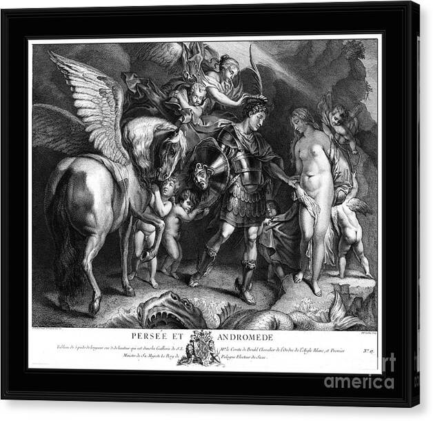 Perseus And Andromeda Canvas Print featuring the painting Perseus and Andromeda by Engraver Pierre Francois Tardieu Classical Art Reproduction by Rolando Burbon