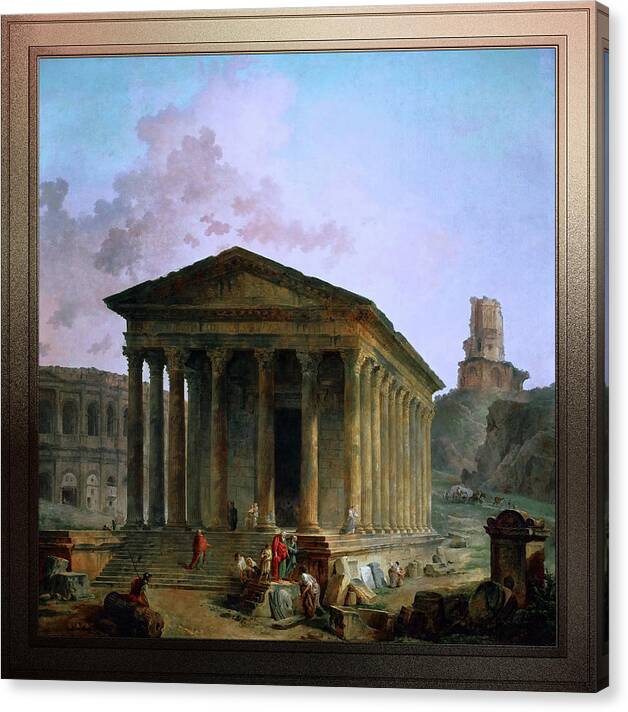 Maison Carée Canvas Print featuring the digital art The Maison Caree the Arenas and the Magne Tower in Nimes by Hubert Robert by Rolando Burbon
