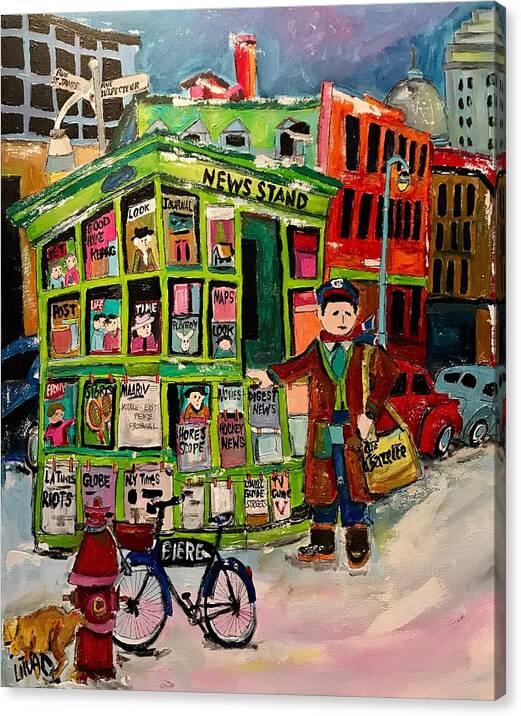 News Stand Kiosk Canvas Print featuring the painting Morris the Newsie on St. James by Michael Litvack