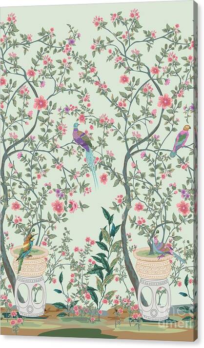 Chinoiserie Mint Green Peacock Flower Garden by Chinoiserie