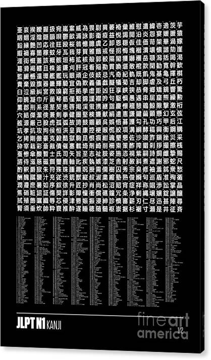 Language Canvas Print featuring the digital art JLPT Kanji Chart 24x36 N1 Part 1/2 1-600 Black by Organic Synthesis