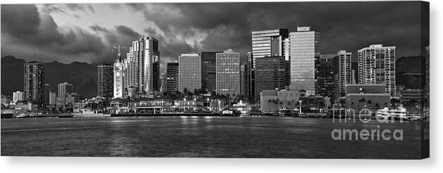 Downtown Canvas Print featuring the photograph Downtown Honolulu Hawaii dusk skyline black and white #1 by Ken Brown