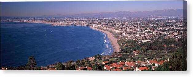 Photography Canvas Print featuring the photograph Aerial View Of A City At Coast, Santa by Panoramic Images