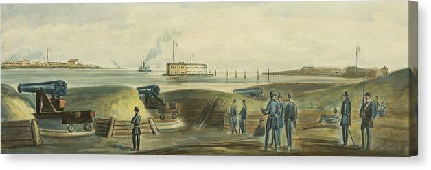 Harbor Canvas Print featuring the drawing Charlestons Defense circa 1863 by Aged Pixel