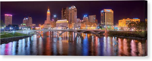 Columbus Skyline Canvas Print featuring the photograph Columbus Skyline at Night Color Panorama Ohio by Jon Holiday