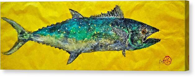 Spanish Mackerel Canvas Print featuring the mixed media Gyotaku -Spanish Mackerel - Bright Yellow by Jeffrey Canha