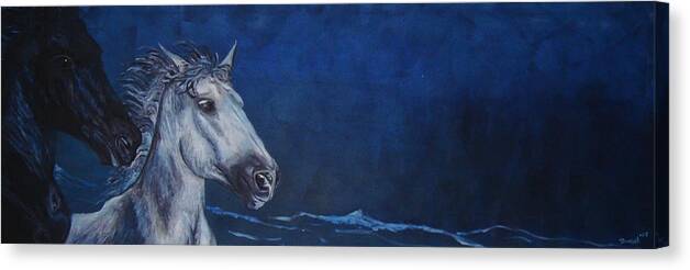 Black Horse Canvas Print featuring the painting Horses in the surf by Sunel De Lange