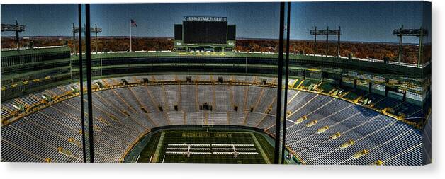 Packers Canvas Print featuring the photograph Lambeau Action by Deborah Klubertanz