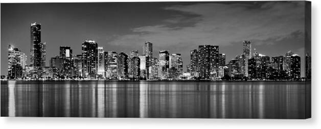 Miami Canvas Print featuring the photograph Miami Skyline at Dusk Black and White BW Panorama by Jon Holiday
