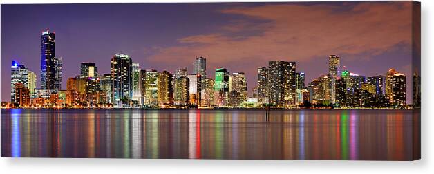 Miami Canvas Print featuring the photograph Miami Skyline at Dusk Sunset Panorama by Jon Holiday