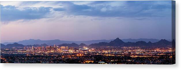 Scenics Canvas Print featuring the photograph Phoenix And Scottsdale Dusk Panorama by Picturelake
