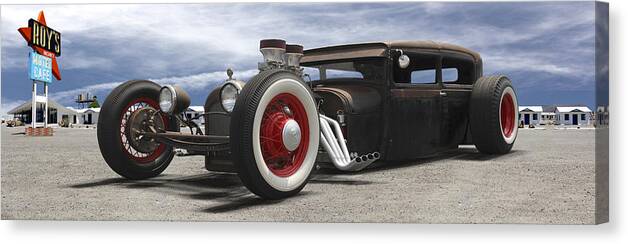 Transportation Canvas Print featuring the photograph Rat Rod on Route 66 Panoramic by Mike McGlothlen