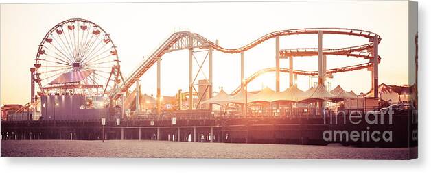 America Canvas Print featuring the photograph Santa Monica Pier Roller Coaster Panorama Photo by Paul Velgos