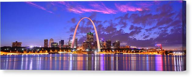 #faatoppicks Canvas Print featuring the photograph St. Louis Skyline at Dusk Gateway Arch Color Panorama Missouri by Jon Holiday