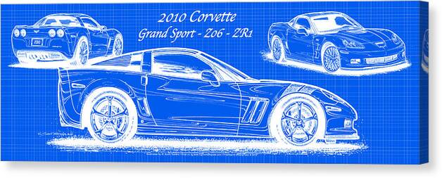 2010 Corvette Canvas Print featuring the digital art 2010 Corvette Grand Sport - Z06 - ZR1 Reverse Blueprint by K Scott Teeters