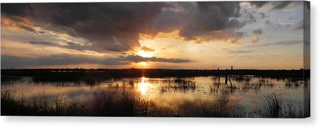 Sunset Canvas Print featuring the photograph Sunset over Wetlands Panorama by Frances Miller