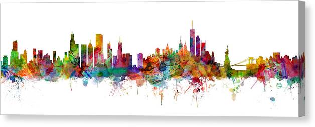 Chicago Canvas Print featuring the digital art Chicago And New York City Skylines Mashup by Michael Tompsett