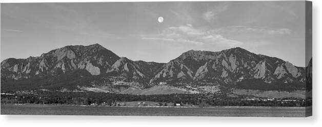 Colorado Canvas Print featuring the photograph BW Full Moon Boulder Colorado Front Range Panorama by James BO Insogna