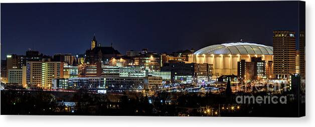 Skyline Canvas Print featuring the photograph Carrier Dome and Syracuse Skyline Panoramic View by Rod Best