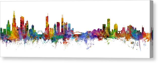 United States Canvas Print featuring the digital art Chicago and Milwaukee Skyline Mashup by Michael Tompsett