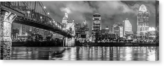 Cincinnati Skyline Canvas Print featuring the photograph Cincinnati Skyline Panorama Ohio River Reflections - Black White by Gregory Ballos