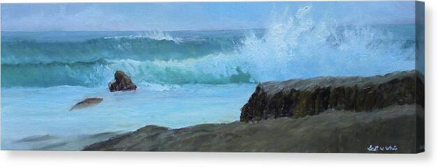 Seascape Landscape Sea Ocean Rocks Waves Beach Maine Coast Canvas Print featuring the painting Double Wave by Scott W White
