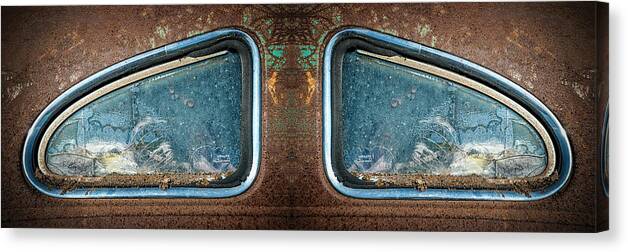 Car Photograph Junk Rust Classic Car Photographer Best Car Photography Automotive Transportation Car Photos Abstract Car Detail Vintage Drag Cars Collector Cars Emblems Car Emblem Signs Neon Buildings Canvas Print featuring the photograph Duolite by Jerry Golab