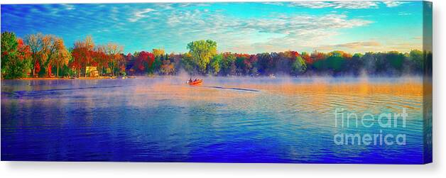 Fishing Boat Canvas Print featuring the photograph Fishing on crystal lake, IL., sport, fall by Tom Jelen